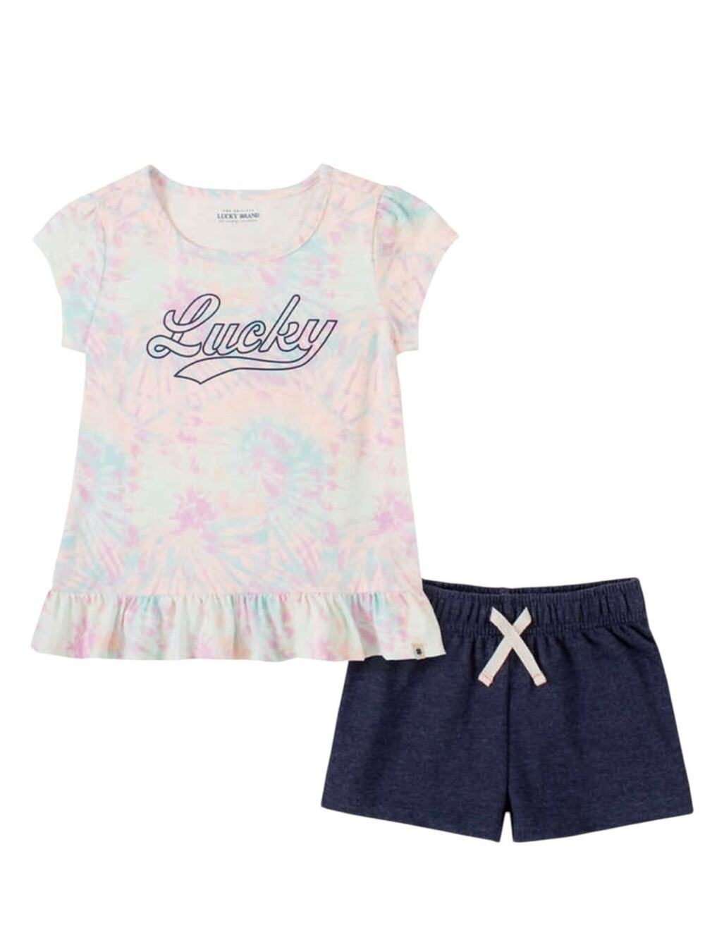Lucky Brand Girls Pastel Tie-Dye Ruffle Tee with Navy Shorts Size 4T NWT